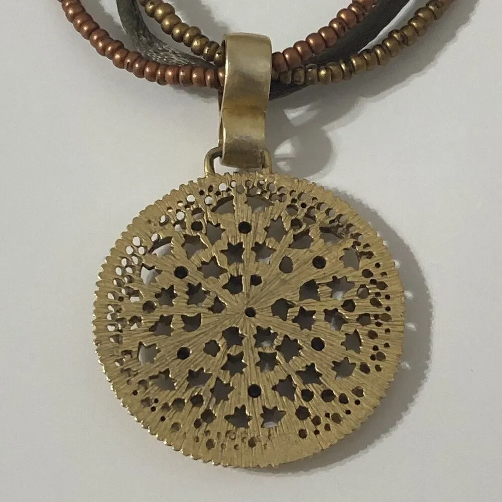 Premier Designs Gold Tone Green Seed Beaded Pendant Medallion Necklace Bohemian